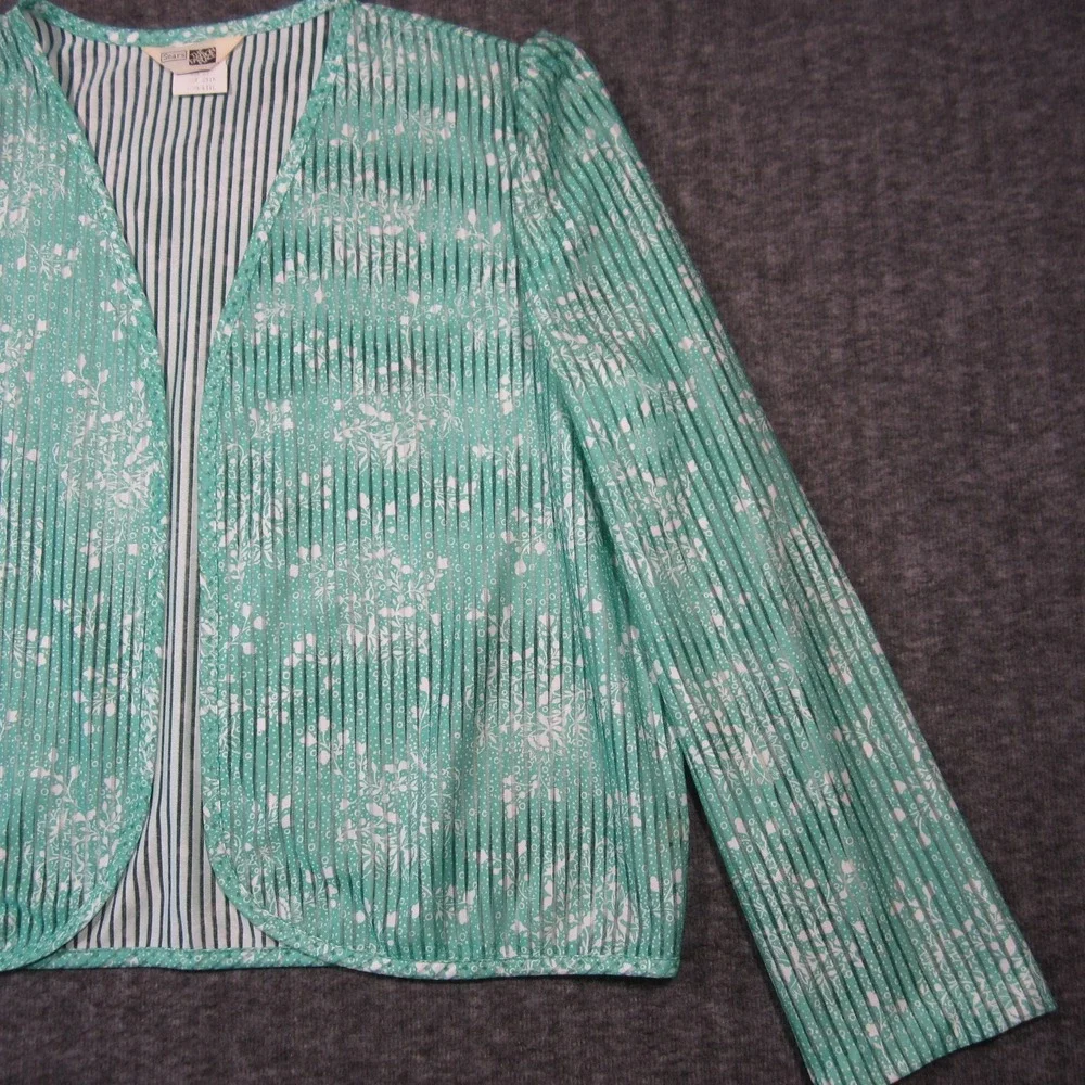 Vtg Sears Jacket‎ Womens 20 Aqua White Stripe Floral Sheer Open Front Retro Glam